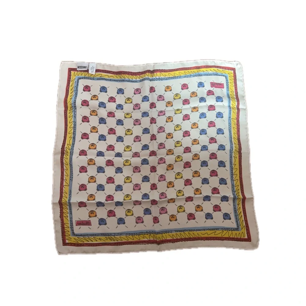 Moschino Teddy Bear Silk Scarf Vintage Made in Italy Square Neckerchief Multi